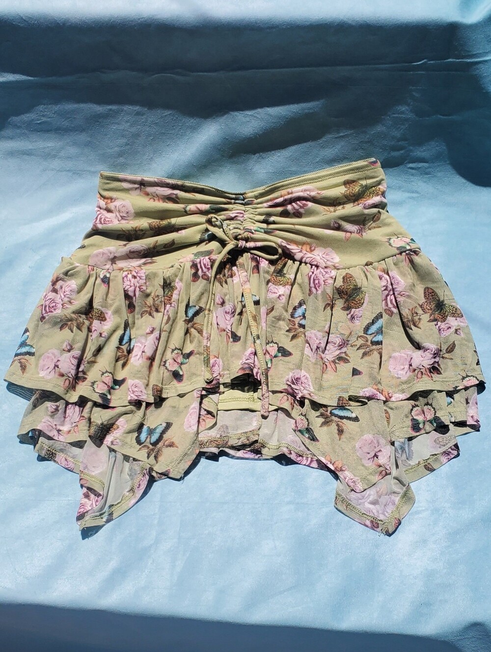 Thorn And Fable Green Fairy Skirt with Pink Rose & Blue Butterfly Print - Small